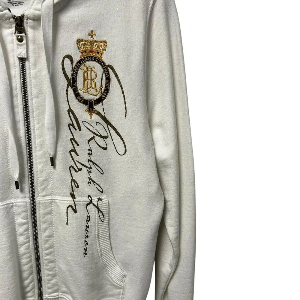 Lauren Jeans Co Y2K White Zip Up Crest Graphic Hoodie Jacket Womens Small